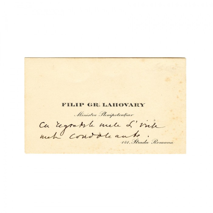 Filip Gr. Lahovary, carte de vizită cu text olograf