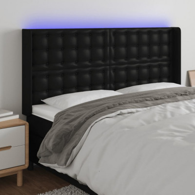 vidaXL Tăblie de pat cu LED, negru, 147x16x118/128 cm, piele ecologică foto