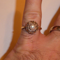 INEL AUR 14K + 10 Diamante Roze Cut = 0.50ct + 1 Perla - Antourage - Vintage !