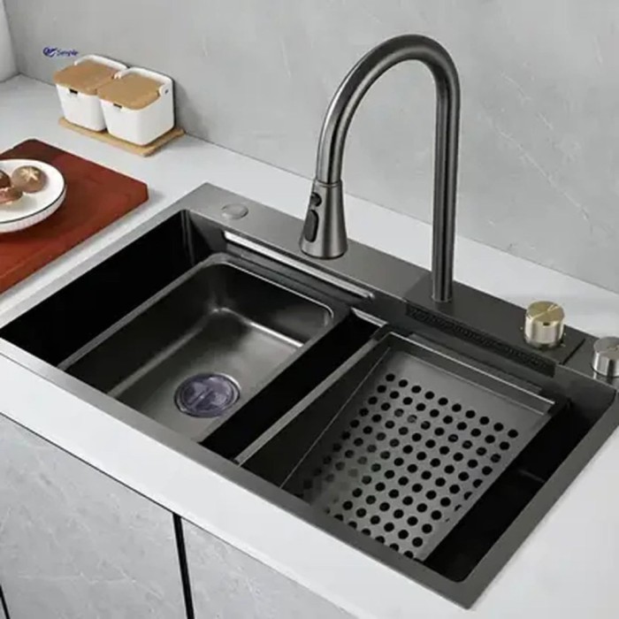 Set Chiuveta Bucatarie Inox cu Baterie Dubla, Cuva Perforare Legume/Fructe, Cuva Universala cu Dop Scurgere, Tocator, Negru Grafit, 75x45X21cm ModernL