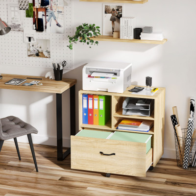 Vinsetto Mobilier Multifunctional pentru Birou din Lemn, Mobilier Suport Imprimanta cu 5 roti, Sertar si Etajera Reglabila, 77x40x73cm, Lemn foto