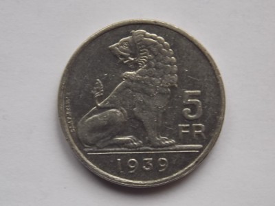 5 FRANCS 1939 BELGIA-BELGIE-BELGIQUE foto