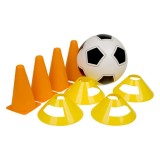 Set antrenament fotbal, 9 accesorii, Antulu&reg;, 4 conuri tip piramida, 4 conuri tip disc, o minge fotbal