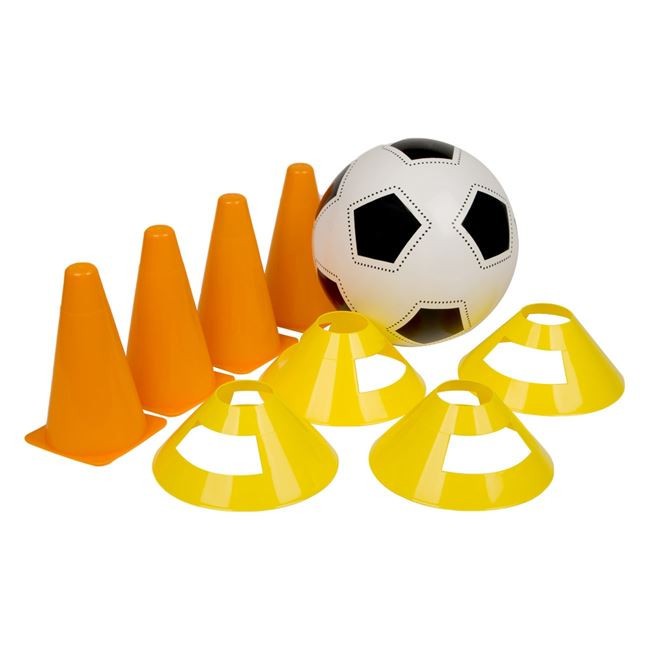 Set antrenament fotbal, 9 accesorii, Antulu&reg;, 4 conuri tip piramida, 4 conuri tip disc, o minge fotbal