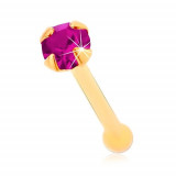 Piercing drept pentru nas din aur galben 14K - zirconiu fucsia, 1,5 mm