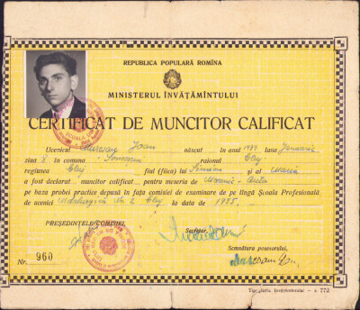 HST A1350 Certificat de muncitor calificat mecanic auto 1955 Cluj foto