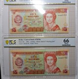 BELIZE - LOT 2 BANCNOTE 5 DOLLARS 1996 - SERII CONSECUTIVE - Gradate PCGS 64 PPQ / 66 PPQ - Elizabeth II (356)