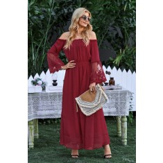 T561-81 Rochie casual din material vaporos cu decolteu bardot si broderie