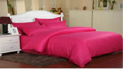 Lenjerie de pat pentru o persoana cu husa elastic pat si fata perna dreptunghiulara, Elegance, damasc, dunga 1 cm 130 g/mp, Fuchsia, bumbac 100% foto