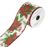 Panglică Decorativă Crăciun, Model Crăciunițe, Culoare Bej cu Roșu, Lungime 5m, Lățime 63mm, Poliester, Oem