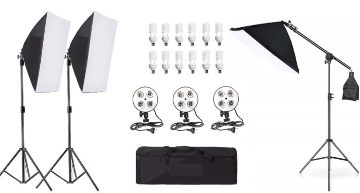 Kit de 3 softboxuri cu macara, soclu de 4 becuri, 3 trepiezi reglabili 200 cm, 12 becuri de 45W, geanta de transport inclusa