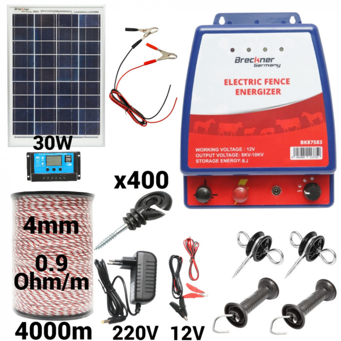 Kit pachet gard electric 6 Joule 12 220V panou solar 4000m 400 izolatori (BK87583-4000-4mm-30W)