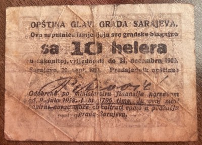 B11 51 - Bancnota foarte veche - Fosta Jugoslavia - Sarajevo - 10 helera - 1919 foto