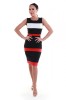 Rochie Office Eleganta Dungi Colorate, Talie Cambrata, Bodycon, Bumbac, Neagra/Rosie, Marimi Mari XXL