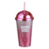 Pahar Plastic, Boss Girl, Fucsia, Perete Dublu, Capac și Pai, Capacitate 475ml, Oem