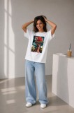 Tricou dama alb din bumbac cu imprimeu fetita cu turban rosu