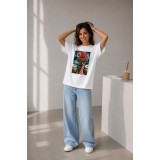 Tricou dama alb din bumbac cu imprimeu fetita cu turban rosu