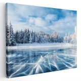 Tablou canvas peisaj iarna lac inghetat, albastru, alb 1227 Tablou canvas pe panza CU RAMA 50x70 cm