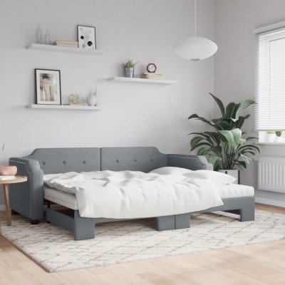 vidaXL Pat de zi cu extensie și saltele, gri deschis 90x190 cm textil 3197662 foto