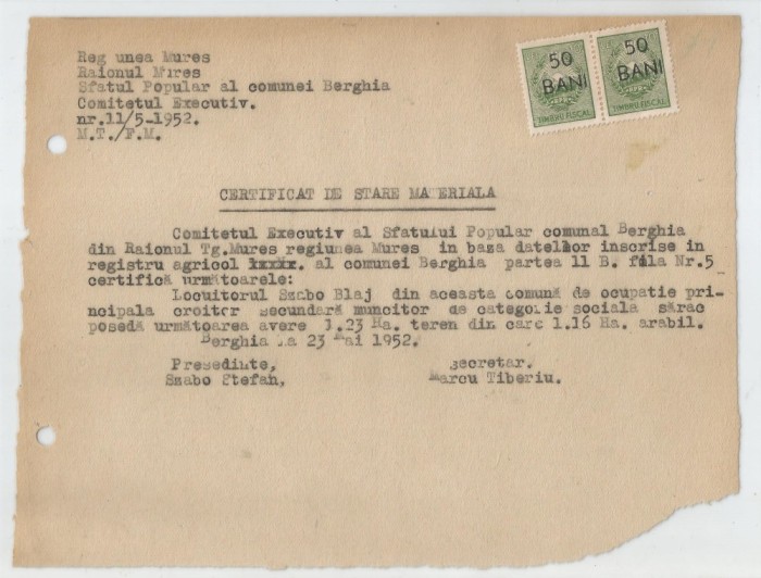 Romania, Sfatul Popular al comunei, Certificat de stare materiala (I), Berghia, 1952