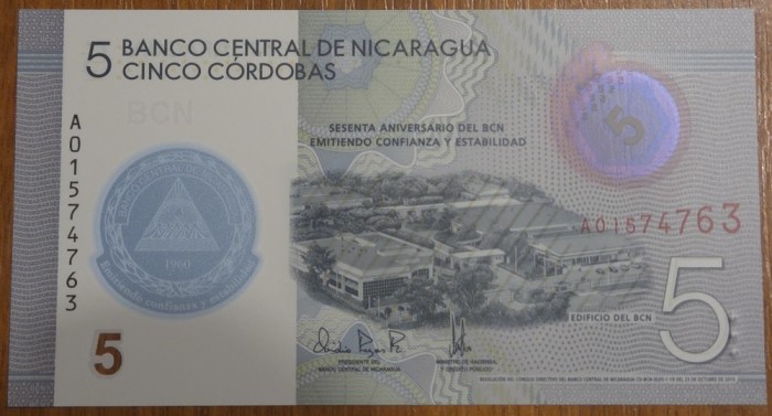 5 cordobas 2019, Nicaragua, polimer, UNC