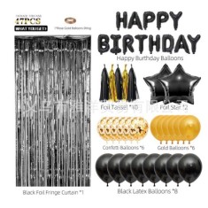 Cyrax Set 47 baloane, 10 ciucuri, 2 baloane stea folie, 6 baloane latex confetti, 6 baloane galbene latex, 8 baloane negre latex, 1 Perdea Praty Folie