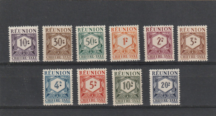 Reunion 1947-Taxe , serie 10 valori,dantelate,MH,(urme de sarniera ,Mi.P26-P35