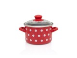 Metalac Oala Emailata, 2 Litri, 16 cm Diametru, cu Capac de Sticla, Model cu Buline, pentru Gatit