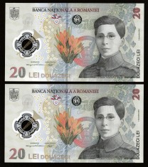 Romania, lot 2 bancnote 20 lei 2021 UNC din fisic