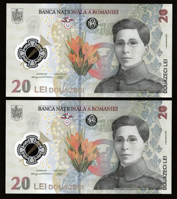 Romania, lot 2 bancnote 20 lei 2021 UNC din fisic