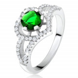 Inel cu braţe bifurcate, zirconiu verde, contur de inimă, argint 925 - Marime inel: 52