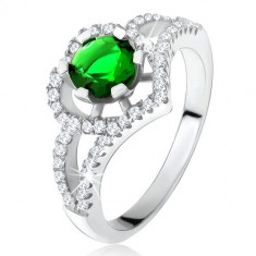 Inel cu braţe bifurcate, zirconiu verde, contur de inimă, argint 925 - Marime inel: 58