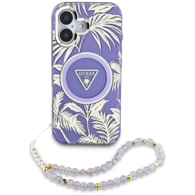 Husa pentru iPhone 16 - Guess IML Palm Trees Triangle with Pearl Strap MagSafe (GUHMP16SHPCTPLSU) - Purple foto