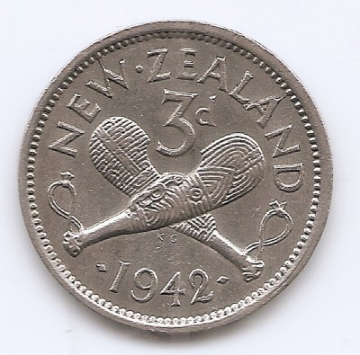 Noua Zeelanda 3 pence 1942 - George VI, Argint, 16,3 mm, KM-7 foto