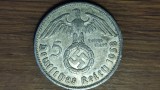 Germania nazista - 5 Mark / Reichsmark 1938 E - cea mai rara din serie, pentru cunoscatori - Paul von Hindenburg - printre cele mai cautate piese