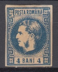 ROMANIA 1868 LP 23 REGELE CAROL I CU FAVORITI 4 BANI ALBASTRU GUMA ORIGINALA SARNIERA