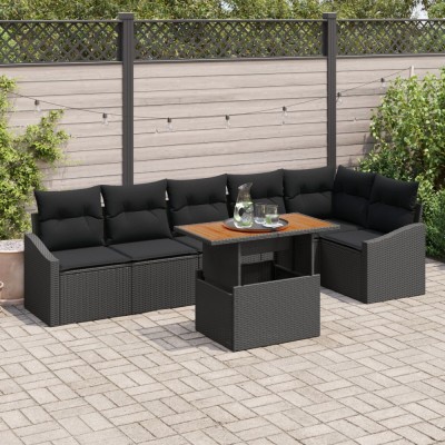 Gossi set de dining pentru gradina cu 7 piese si perne, ratan poly negru, acacia foto