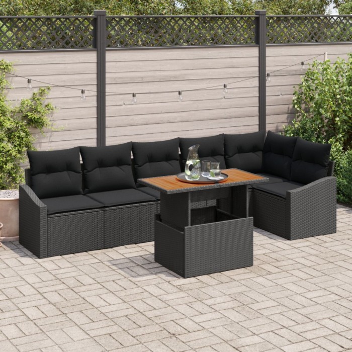 Gossi set de dining pentru gradina cu 7 piese si perne, ratan poly negru, acacia