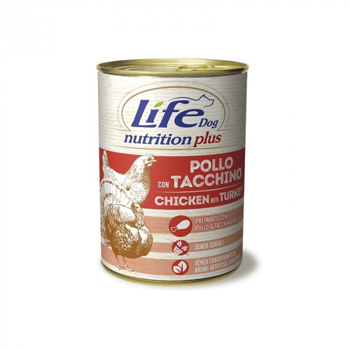 Conserva cu hrana umeda pentru caini cu pui si curcan, Life Dog, 400 g