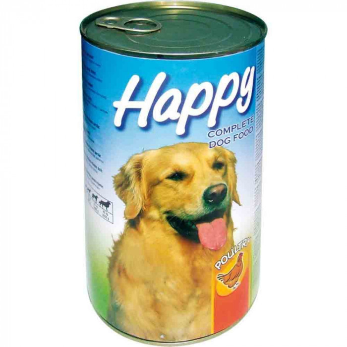 Hrana uscata pentru caini, Happy, cu aroma de pui conserva, 1240 gr