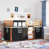 VidaXL Pat supraetajat de copii perdele, alb/negru, 75x190 cm lemn pin