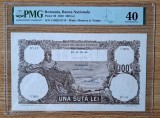 100 lei Februarie 1940, varianta cu filigrane multiple : BNR, Traian si Minerva , gradata PMG 40 XF . Varianta foarte rara