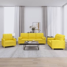 vidaXL Set de canapele cu perne, 3 piese, galben deschis, textil foto