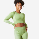 Bluză Fitness 900 Crop top fără cusături Verde măsliniu Damă, Domyos