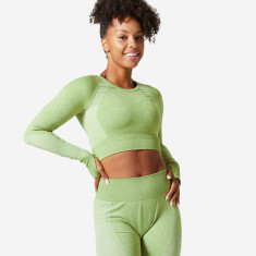 Bluză Fitness 900 Crop top fără cusături Verde măsliniu Damă