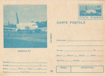 Romania, Boeing B 737, carte postala semiilustrata, necirculata foto