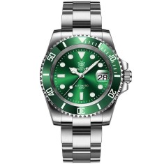 Ceas automatic de scufundari STEELDIVE SD1953, 41 mm, bratara argintie, carcasa si cadran verde, NH35, cristal safir, 30 ATM