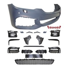 Set bara fata BMW Seria 5 (G30/G31), 05.2017-08.20, cu 6 gauri spalator si senzori parcare; grunduit, de vopsit; type M-Tech; cu grile inferioare, cu
