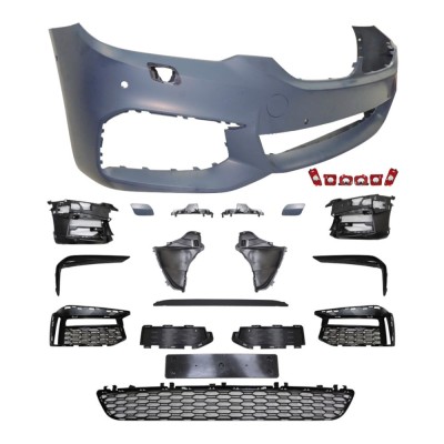 Set bara fata BMW Seria 5 (G30/G31), 05.2017-08.20, cu 6 gauri spalator si senzori parcare; grunduit, de vopsit; type M-Tech; cu grile inferioare, cu foto