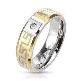 Inel din oțel inoxidabil cu model grecesc - culoare aurie și zirconiu - Marime inel: 49